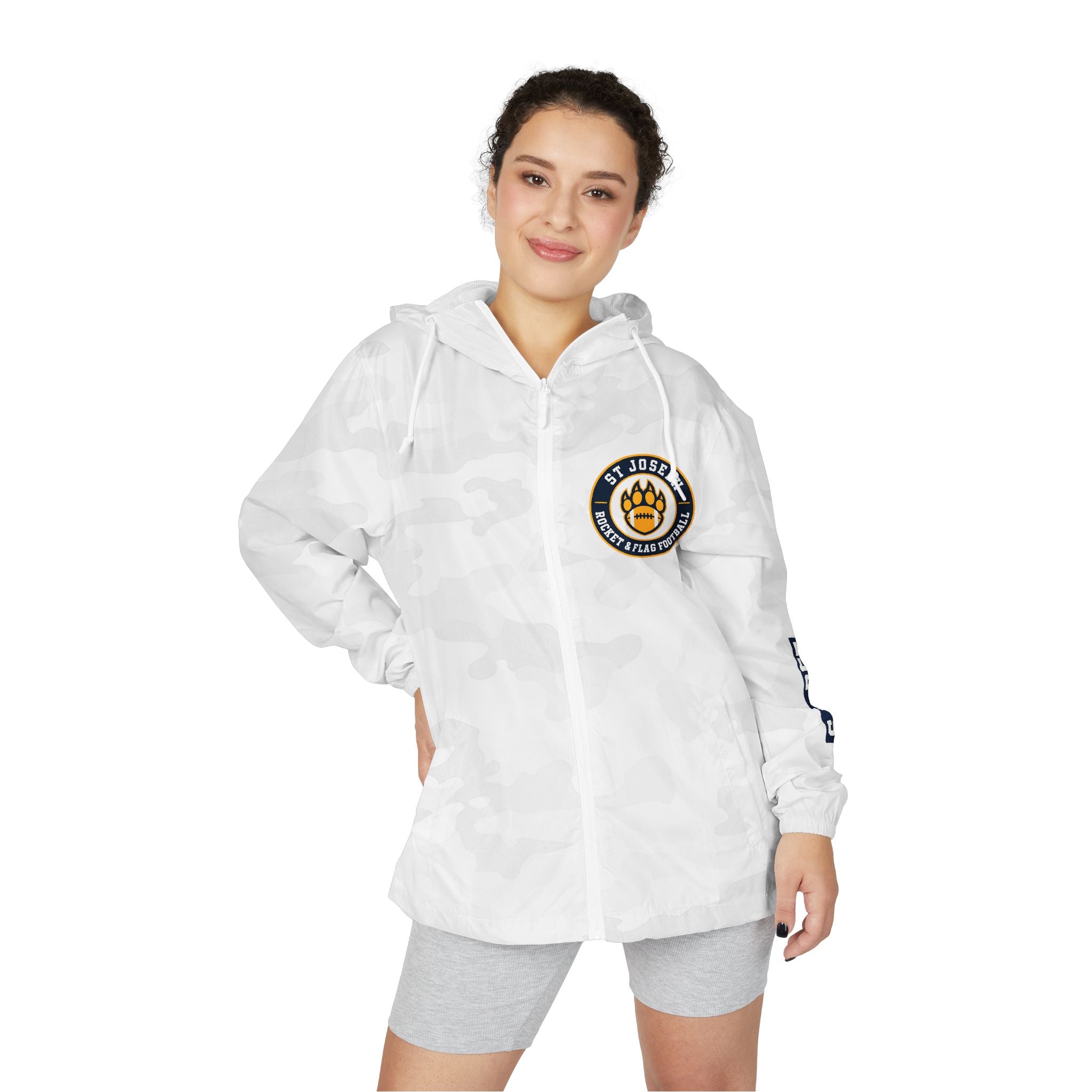 SJ Rocket Football- Windbreaker Jacket – White Camo "SJ" Full-Zip Hooded Jacket