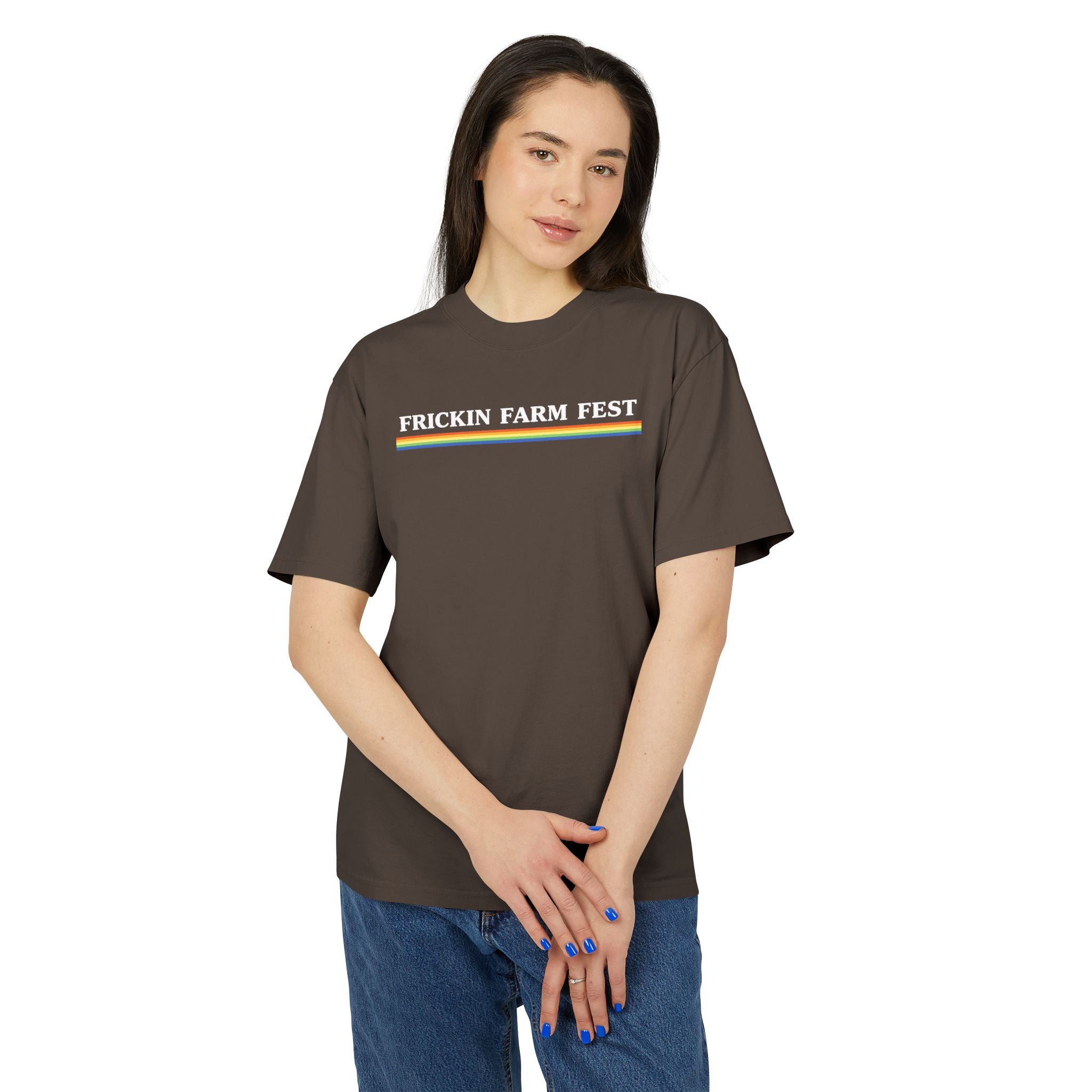 Frickin Farm Fest - Brown Heavy Faded Rainbow Stripe Tee