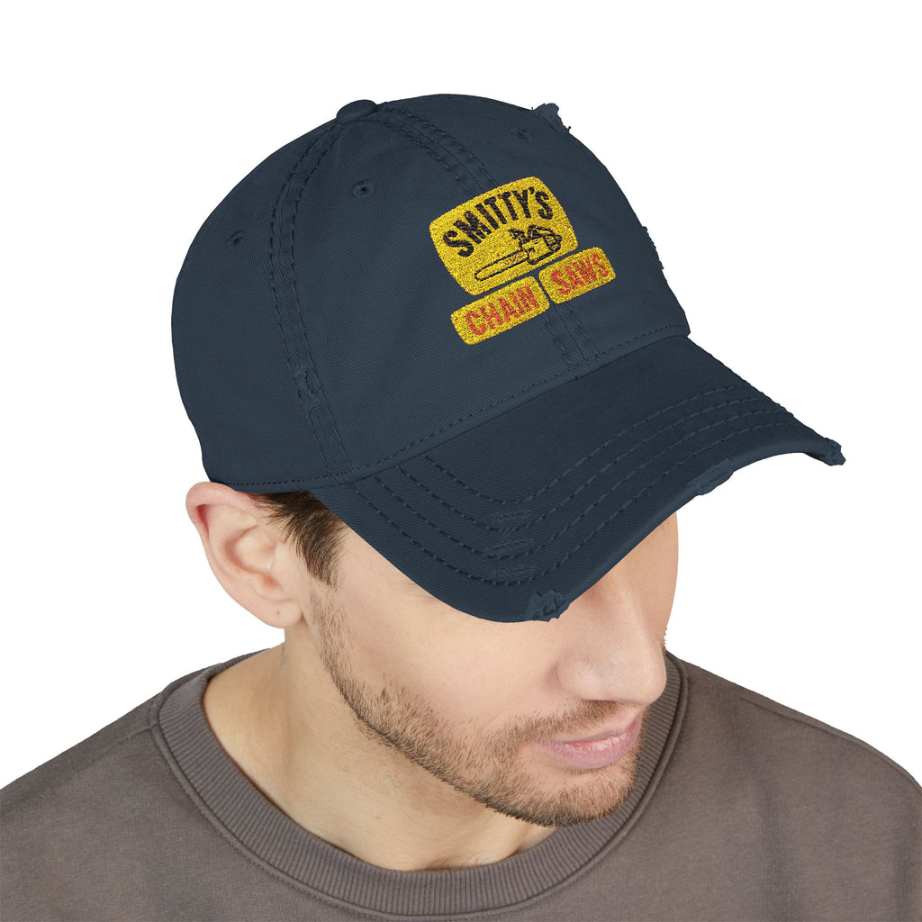 Distressed Embroidered Dad Hat — "Smitty's Chain Saws" Vintage Logo