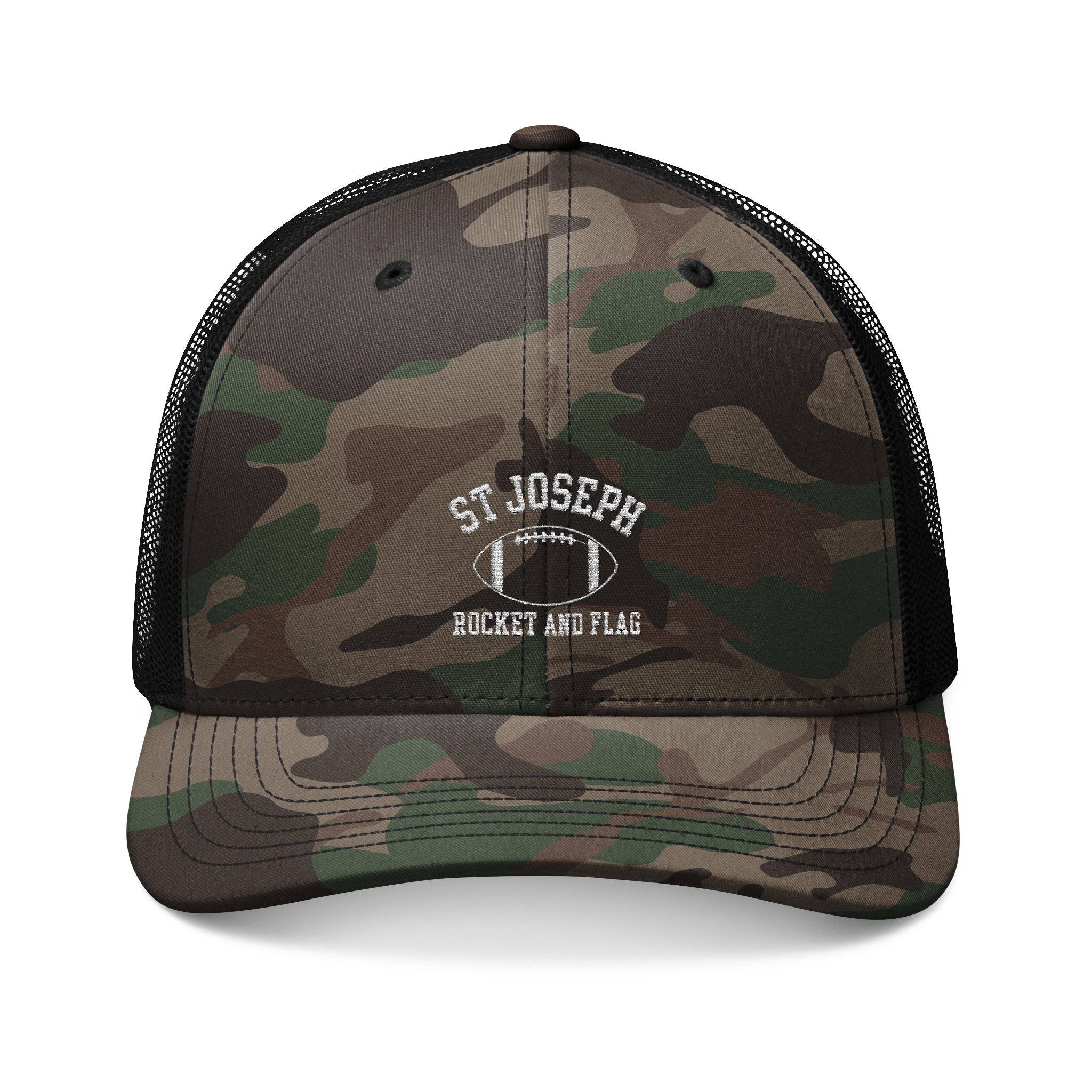 SJ Rocket Football - Embroidered Camo Trucker Hat — St. Joseph Rockets and Flags