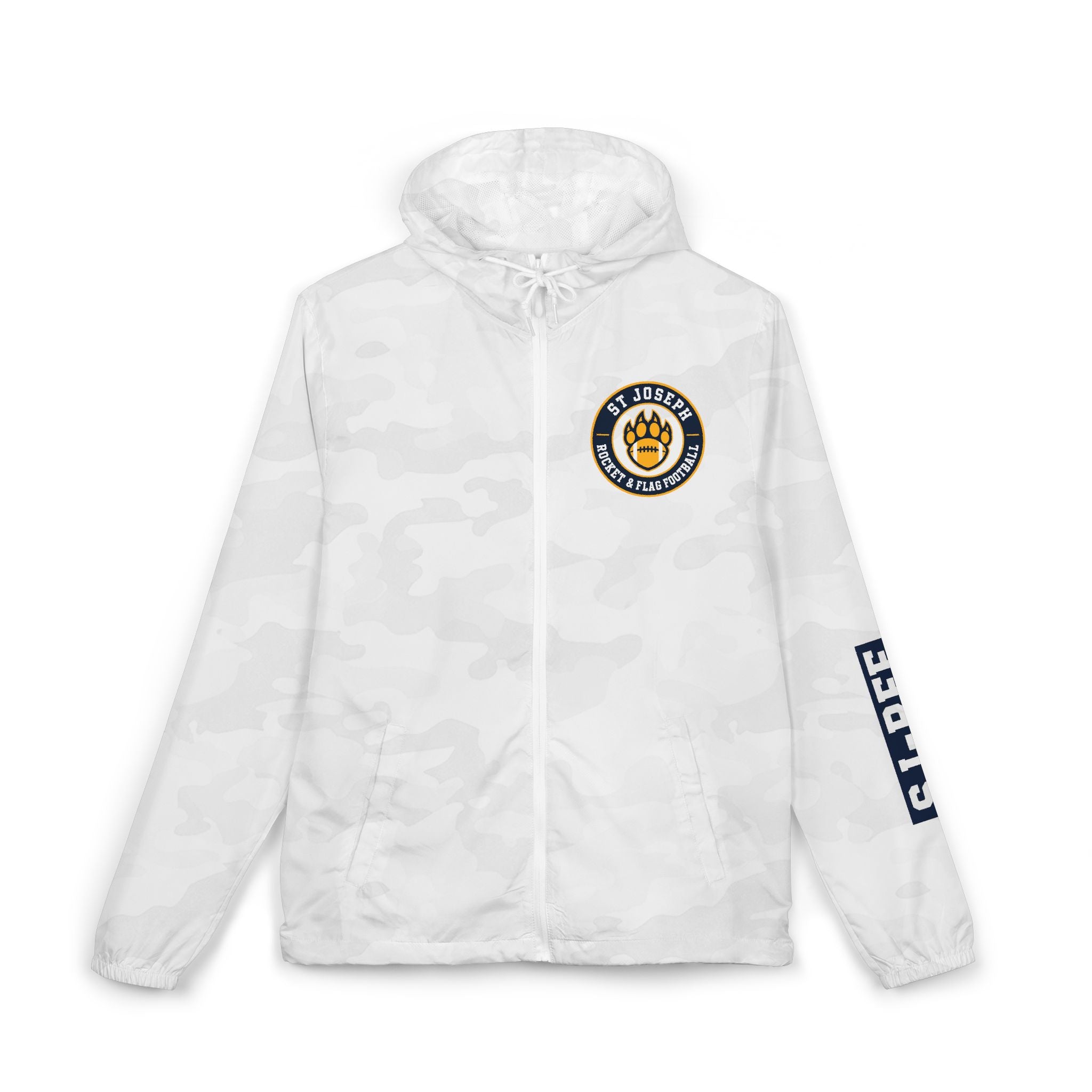 SJ Rocket Football- Windbreaker Jacket – White Camo "SJ" Full-Zip Hooded Jacket