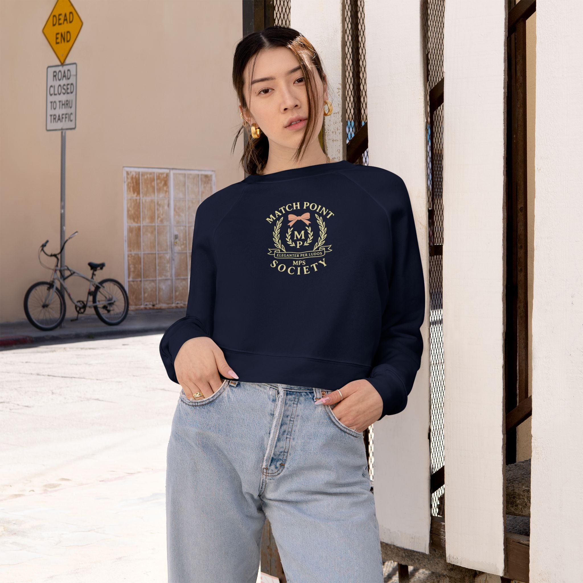 Preppy Cropped Fleece Sweatshirt Match Point Society Tenniscore Pullover Balletcore Bow Crest | Coquette Prepcore 2.0 Aesthetic