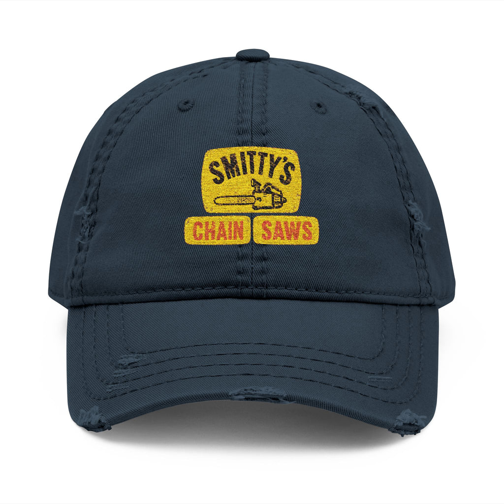 Distressed Embroidered Dad Hat — "Smitty's Chain Saws" Vintage Logo