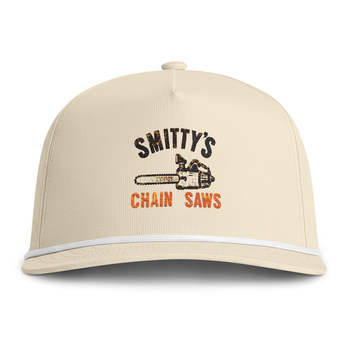 Smitty’s Chain Saws Vintage Rope Hat, Cream Trucker Cap